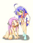  2girls ahoge blue_hair bow collar footwear green_eyes hiiragi_kagami izumi_konata kagami_hiiragi konata_izumi leash lucky_star multiple_girls nude panties purple_eyes purple_hair school_uniform socks underwear yuri 