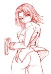 1girl ass bottomless breasts code_geass female from_behind kallen_stadtfeld looking_at_viewer looking_back misnon_the_great monochrome nipples short_hair solo