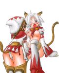 2girls animal_ears blue_eyes blush breasts brown_hair cat_ears cat_tail catgirl final_fantasy final_fantasy_xi mithra multiple_girls nekomimi nipples panties shirt_lift short_hair sketch tail thighhighs underwear wet white_hair white_mage white_panties yellow_eyes yuri