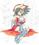  blue_ribbon blush children_of_mana dress green_hair jewelry lots_of_jewelry nipples no_panties partial_nudity purple_eyes ribbon seiken_densetsu seiken_densetsu_ds tamber topless tumble 