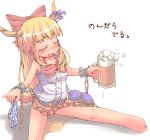  1girl alcohol bad_feet beer blonde_hair blush bottomless bow brown_hair chain chains closed_eyes feet female hair hair_bow hairless_pussy hiraki_hokke hokke_no_hiraki horns ibuki_suika long_hair no_panties panties peeing pussy ribbon ribbons solo spread_legs suika_ibuki text touhou translated underwear urine urine_puddle 