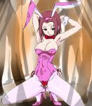  1girl animal_ears breasts bunny_ears bunnysuit code_geass cum fake_animal_ears fever-san kallen_stadtfeld large_breasts pantyhose pink_legwear pink_pantyhose red_hair solo topless 