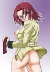 1girl ass blue_eyes bottomless breasts code_geass collar from_behind green_shirt kallen_stadtfeld large_breasts long_sleeves looking_at_viewer looking_back misnon_the_great nipples red_hair shirt solo