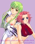 2girls asano_akira bare_shoulders blue_eyes blush breasts c.c. cc code_geass erect_nipples fairypink green_hair kallen_stadtfeld long_hair multiple_girls nipples open_clothes open_shirt panties red_hair shirt short_hair sleeveless sleeveless_turtleneck turtleneck underwear yellow_eyes