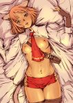 1girl animal_ears bad_id bed between_breasts blue_eyes branch_(artist) branch_(blackrabbits) breasts final_fantasy final_fantasy_xi fingerless_gloves gloves lying mithra navel nipples open_clothes open_shirt red_hair shirt short_hair solo tail