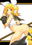 1girl ass bent_over blue_eyes boots bottomless caution_tape detached_sleeves hair_ornament hair_ribbon hairclip headset hermmy kagamine_rin kneeling no_panties no_pussy ribbon rin_kagamine school_uniform serafuku short_hair solo vocaloid