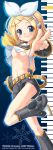  1girl alto_seneka belt blonde_hair blue_eyes boots breasts detached_sleeves flat_chest hair_ornament hair_ribbon hairclip headphones headset kagamine_rin leg_lift long_image microphone nipple_slip nipples no_bra pointing ribbon rin_kagamine rusty_soul shirt_lift short_hair shorts small_breasts solo stick_poster tall_image underboob upshirt vocaloid 