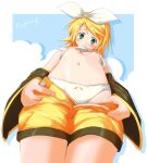  blonde_hair blush breasts cyprus flat_chest from_below green_eyes hair_ornament hair_ribbon hair_ribbons hairclip kagamine_rin mouth_hold open_fly panties pov ribbon ribbons rin_kagamine shirt_lift short_hair shorts underboob underwear undressing unzipped vocaloid zipper 