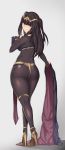 1girl ass aster_crowley bangs big_ass black_hair blunt_bangs blush body_writing bodysuit book breasts cape crossed_legs fire_emblem fire_emblem_awakening from_behind hair_ornament high_heels long_hair looking_at_viewer looking_back purple_eyes sideboob simple_background skin_tight standing tharja thighlet thighs tiara