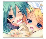 1boy 2girls aqua_nails ball_sucking blonde_hair blue_eyes blush censored colored_eyelashes eyelashes fellatio green_eyes green_hair hatsune_miku headset hetero himukai_kyousuke hinata_kyousuke kagamine_rin licking miku_hatsune multiple_fellatio multiple_girls nail_polish one_eye_closed oral penis ribbon rin_kagamine short_hair sucking_testicles testicle_licking vocaloid wink yellow_nails