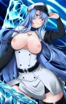 1girl 1girl 1girl akame_ga_kill! alina_pegova belt blue_eyes blue_hair boots breasts breasts_out_of_clothes cap choker cleavage esdeath eyebrows_visible_through_hair female_focus female_only hat high_resolution ice lindaroze long_hair nipples smile tattoo uniform very_high_resolution