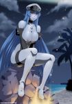  1girl 1girl 1girl akame_ga_kill! big_breasts blue_hair blush breasts esdeath light-skinned nipples outside sky smile stormfeder 