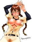  1girl armpit_stain baseball_uniform big_breasts big_windup! blush braid braids breasts dirty highres horny huge_breasts lipstick maria_momoe momoe_maria nipples odor ookiku_furikabutte open_clothes open_shirt puffy_nipples pussy_stain shirt slut solo sportswear takerunoyebisu 