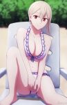  10s 1girl alluring artist_name barefoot big_breasts bikini breasts chair cleavage collarbone feet frilled_shirt_collar frills full_body half-closed_eyes high_res nakiri_alice navel outside red_eyes shokugeki_no_souma short_hair sitting smile swimsuit white_bikini white_hair zoryc 