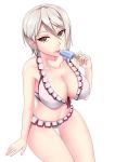  10s 1girl absurd_res alluring bare_shoulders big_breasts bikini breasts cleavage eyebrows_visible_through_hair hair_between_eyes high_res ice_cream_bar looking_at_viewer nakiri_alice red_eyes sakuya_(liao_kj) shokugeki_no_souma short_hair silver_hair simple_background sitting swimsuit white_background 