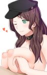  1boy 1girl big_breasts black_headwear breasts brown_hair choker dorothea_arnault earrings fire_emblem fire_emblem:_three_houses green_eyes hat hetero jewelry long_hair male male/female nipples one_eye_closed paizuri penis simple_background smile solo_focus tagme taguchi_takahiro teen video_game_character video_game_franchise white_background 