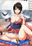  1boy 1girl bare_shoulders bird blood breasts brown_eyes brown_hair censored crow female gintama high_resolution isao_kondo katana kimono kon-kit kondou_isao konkitto large_breasts legs male naginata nipples nopan photoshop_(medium) polearm pubic_hair robe shimura_tae short_hair solo spread_legs sword tabi tae_shimura vagina wafuku weapon 