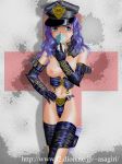  1girl asagiri_(houri-ten) bdsm breasts dominatrix elbow_gloves excel_saga femdom gas_mask gloves hat hyatt latex leather navel nipples purple_hair respirator resporator solo thighhighs topless waist_cincher 