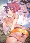 2dcg anko_mitarashi areola areolae ass black_panties breasts finger_to_mouth fishnets hair headband naruto ninja panties pantyshot short_hair underwear upskirt