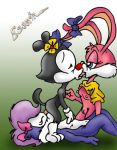 3girls animaniacs anthro babs_bunny dot_warner escoria female female_only fifi_la_fume gradient_background green_background tiny_toon_adventures yuri