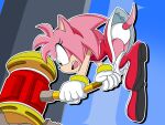  1girl amy_rose anthro female_only furry green_eyes hammer hedgehog mallet panties pantyshot piko_piko_hammer pink_body sega sonic_the_hedgehog_(series) underwear upskirt white_panties 