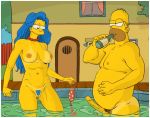 areolae blue_hair blue_pubic_hair bottle breasts eyelashes furronika homer_simpson marge_simpson milf nipples penis pubic_hair the_simpsons yellow_skin