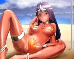  1girl asaki_yuki beach bikini bottomless censored chunsoft circlet come_hither dark_skin dragon_quest dragon_quest_iv enix erect_nipples invitation loincloth long_hair manya mara pelvic_curtain purple_eyes purple_hair solo spread_legs swimsuit 