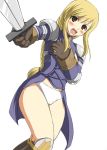  1girl agrias_oaks akino_hamo blonde_hair blush braid drill_hair female final_fantasy final_fantasy_tactics hamo hamo_(anarc) long_hair panties simple_background single_braid solo sword underwear weapon yellow_eyes 