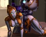  2girls aka6 all_fours anal anal_object_insertion areola ass black-skinned_female black_skin breasts dark-skinned_female dark_skin futanari genderswap league_of_legends nipples nude object_insertion orianna purple_hair robot robot_girl spread_legs veigar yellow_eyes yordle 