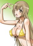  1girl bikini bikini_top blush breasts brown_eyes brown_hair cum facial haruka_minami hirokawa_hiroshi hirokawa_kouichirou huge_breasts large_breasts long_hair micro_bikini minami-ke minami_haruka one_eye_closed solo string_bikini swimsuit tongue wink 