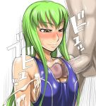 1girl blush breasts c.c. cc censored cleavage code_geass cum cum_on_body cum_on_breasts cum_on_clothes cum_on_upper_body cum_under_clothes ejaculation green_hair hair horny lips long_hair mature murata naughty_face one-piece_swimsuit paizuri penis school_swimsuit smile solo swimsuit testicles yellow_eyes