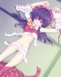  armpits bad_id bandage bandages black_hair female hakurei_reimu highres japanese_clothes lying mikazuki_sara miko nude pink_eyes reimu_hakurei ribbon ribbons sarashi solo tatami tears touhou 