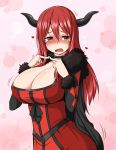  1girl bangs blush breasts choker cleavage demon_girl dress embarrassed fingers_together fur_trim hair_between_eyes horns huge_breasts long_hair looking_at_viewer maou_(maoyuu) maoyuu_maou_yuusha open_mouth red_dress red_eyes red_hair sweat sweatdrop zaxwu 