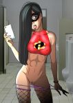 abs cellphone crop_top erect_nipples fishnets fit hair_over_one_eye mask navel_piercing panty_pull public_restroom pussy shaved_pussy smartphone tekuho_(artist) the_incredibles thighs tongue_out tongue_stud urinal violet_parr