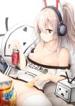  ayanami_(azur_lane) azur_lane bandaid_on_pussy bandaids_on_nipples bare_shoulders bottomless closed_mouth coca-cola copyright_name hair_between_eyes headphones long_hair looking_at_viewer momin_(momomikan2x) nico_nico_douga no_bra notebook on_bed parted_lips potato_chips red_eyes shirt_down simple_background spread_legs white_background white_legwear 