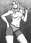 antenna_hair blonde_hair breasts capcom curly_hair grin kanzuki_karin karin_kanzuki monochrome panties ragathol see-through shorts street_fighter topless