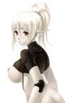  1girl akamaru bottomless breasts brown_eyes dark_elf dark_elf_(lineage_2) elf grey_skin lineage lineage_2 lineage_ii looking_back nipple nipples pointy_ears ponytail solo underboob white_hair 