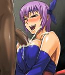  1girl asian ayane_(doa) blush breasts censored cleavage cum cum_explosion cum_on_body cum_on_breasts cum_on_clothes cum_on_upper_body cum_under_clothes dark-skinned_male dark_skin dead_or_alive happy happy_sex headband interracial murata naughty_face overflow paizuri penis purple_hair short_hair smile solo_focus tecmo zack_(doa) 