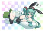  amasa_mitsunaru animal_ears aqua_eyes aqua_hair ass bare_shoulders black_legwear black_thighhighs blush bunny_ears detached_sleeves green_eyes green_hair hair hair_ornament hatsune_miku headset highres kemonomimi kemonomimi_mode long_hair lying microphone miku_hatsune nail_polish neck_tie necktie no_pants on_stomach oshiri panties pillow solo speaker spring_onion stockings striped striped_panties themed_object thighhighs twin_tails twintails underwear usamimi vocaloid 