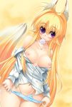  1girl animal_ears blonde_hair breasts chizuru_minamoto condom condom_in_mouth fox_ears ichijou_hitoshi kanokon long_hair minamoto_chizuru mouth_hold nipples panties panty_pull purple_eyes shirt_pull solo tail underwear 