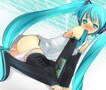 1girl anal aqua_eyes aqua_hair blue_eyes blue_hair blush boots green_eyes hatsune_miku headphones insertion long_hair miku_hatsune mouth_hold negi_suppository object_insertion panties panty_pull penetration solo spring_onion takashima thighhighs twintails underwear very_long_hair vocaloid