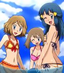 3_girls alluring ass beach big_breasts bikini blush breasts dawn drown drowning female female_human haruka_(pokemon) hikari_(pokemon) long_hair looking_at_viewer may medium_breasts multiple_girls ocean piplup pokemon pokemon_xy serena serena_(pokemon) small_breasts standing swimming teen twitter water