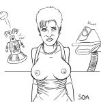 1girl big_breasts breasts bridget_jones female_focus lineart monochrome mst3k mystery_science_theater_3000 nipples nuveena robot som tom_servo topless topless_female white_background