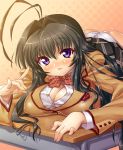  1girl antenna_hair black_hair blush breast_press breasts chizuru_minamoto cleavage kanokon kink long_hair minamoto_chizuru panties pantyshot plaid plaid_skirt purple_eyes school_uniform serafuku skirt solo underwear 