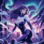  ai_generated aurora_borealis bodysuit boob_window city city_background city_lights cityscape dark_hair floating_hair long_hair looking_away northern_lights purple_hair star starry_sky stars sunrise sunset wavy_hair 