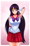  1girl alluring big_breasts bishoujo_senshi_sailor_moon black_hair cleavage hino_rei pin_up purple_eyes sailor_mars shirt short_skirt skirt tiara treezero uniform wholesome 