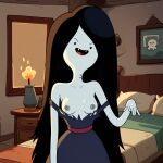 adventure_time ai_generated bed bedroom belt black_dress black_hair breasts dress grey_nipples long_hair looking_at_viewer marceline_abadeer nipples open_mouth pale-skinned_female pale_skin pulling_clothing red_belt seductive seductive_eyes topless vampire