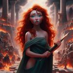  ai_generated brave dagger greek_clothes greek_temple green_clothes green_clothing green_eyes looking_at_viewer merida red_hair redhead tunic 