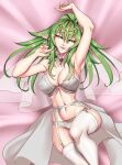  1girl alluring bare_arms bare_thighs bed_sheet bedroom_eyes big_breasts bra bridal_veil bride cleavage cleru_(cleruuuuu) fire_emblem fire_emblem_awakening garter_belt green_eyes green_hair grin lingerie long_hair looking_at_viewer nintendo on_back panties pointy_ears ponytail smile stockings thighs tiki_(adult)_(fire_emblem) tiki_(fire_emblem) underwear veil white_bra white_panties 