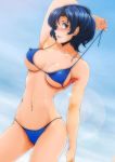 1girl alluring ami_mizuno bikini bishoujo_senshi_sailor_moon blue_swimsuit blush breasts female female_only looking_at_viewer mizuno_ami sailor_mercury sailor_moon short_hair solo swimsuit undressing